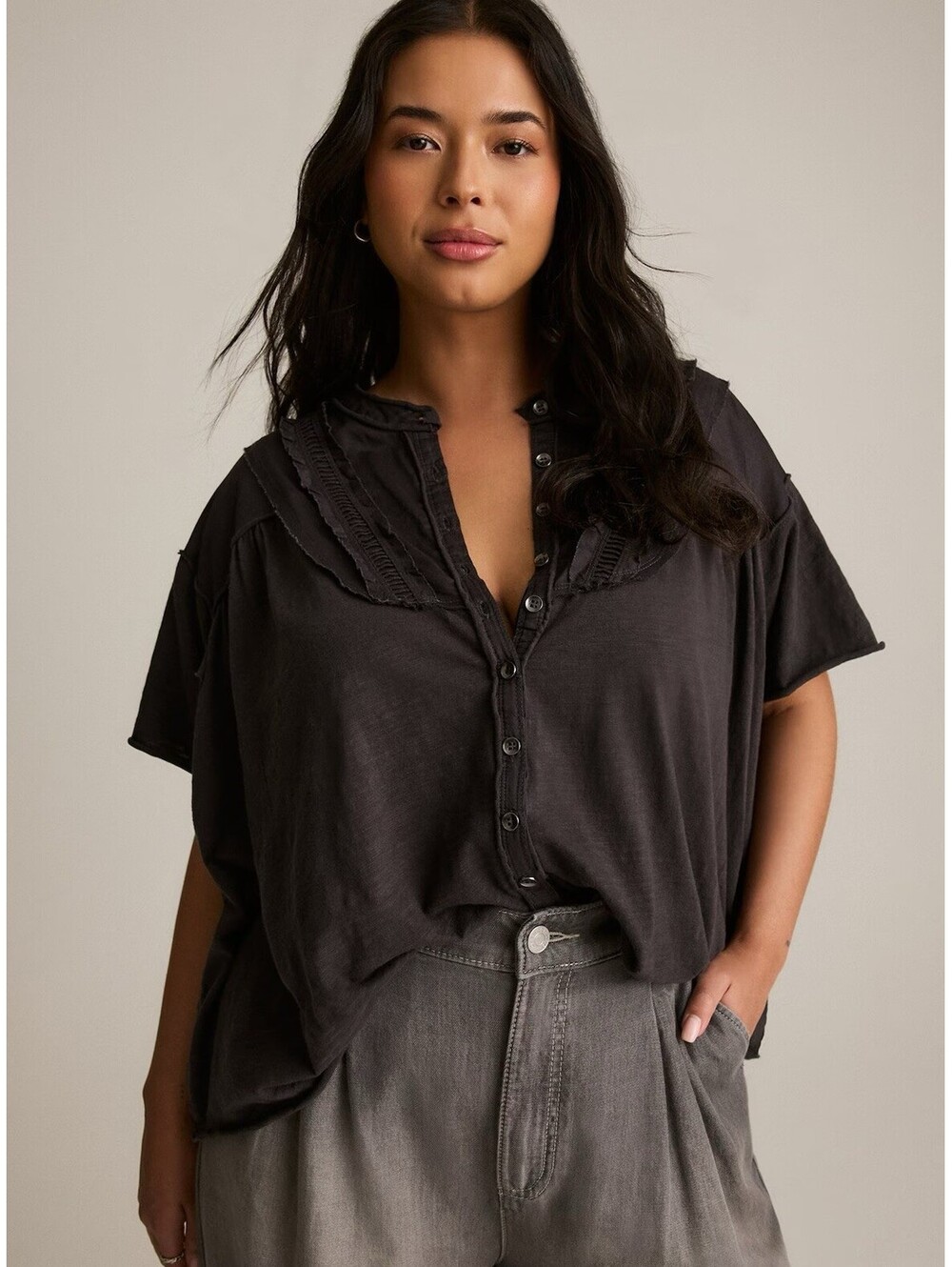 Torrid Festi Raglan Button-Up Top Vintage Black Plus Size 1 - 1X